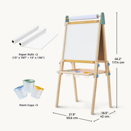 Tiny Land® 3-in-1 Kids Art Easel – Double-Sided Chalkboard & Magnetic Whiteboard with 2 Paper Rolls