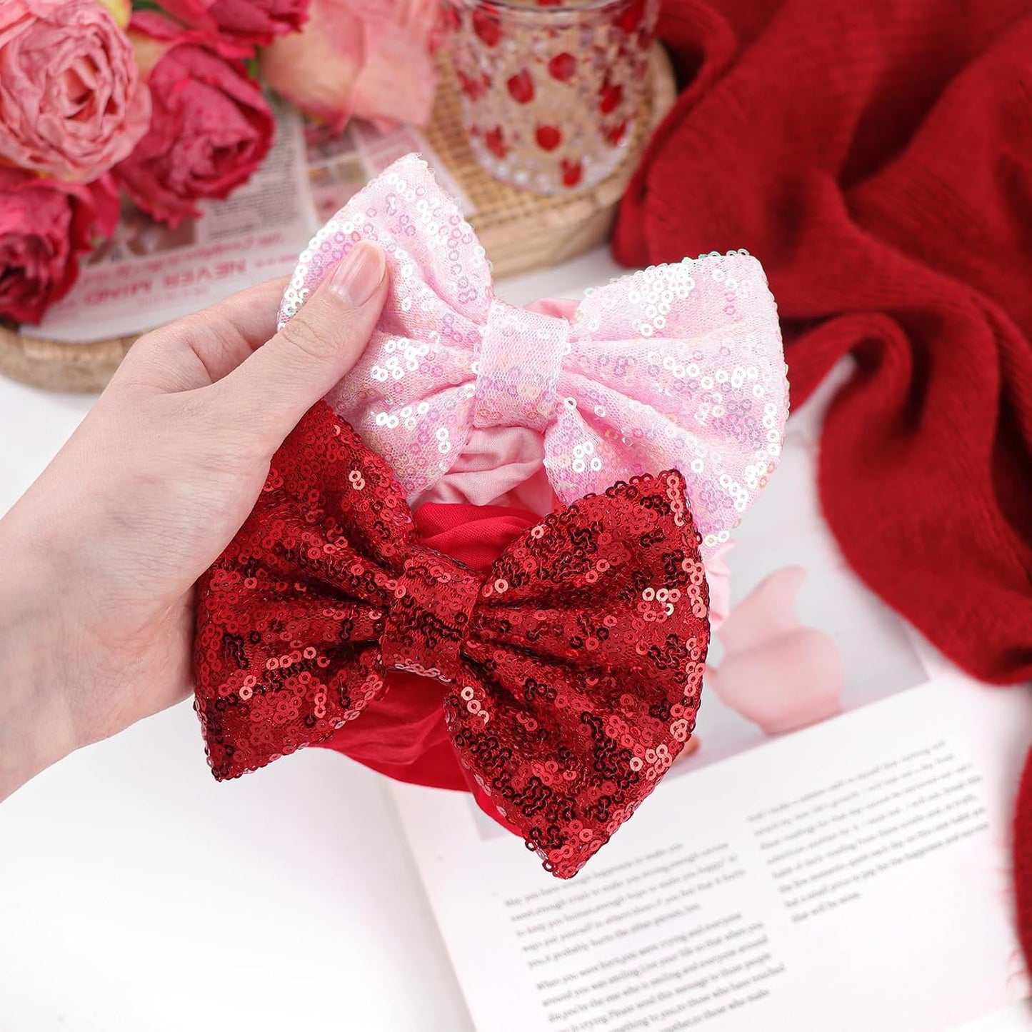 Valentines Day Pink Bows for Girls Sequins Large Bows Red Headband Toddler Glitter Hair Bow Hair Accessories Pink Headband Bows Infant