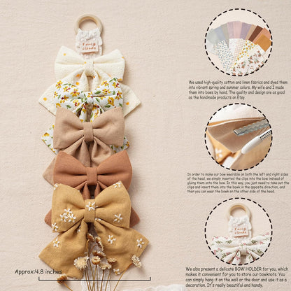Hair Bows with Hair Clips for Girls Toddler Baby,Handmade 5" Flower Print Embroider Big Bows, Boutique Hair Accessorioes Gifts for School Kids