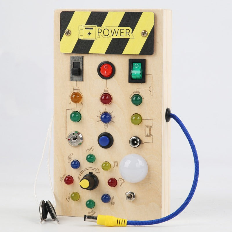 Montessori Busy Board for Toddlers – Wooden Sensory Toy with LED Light Switches for Ages 2–4