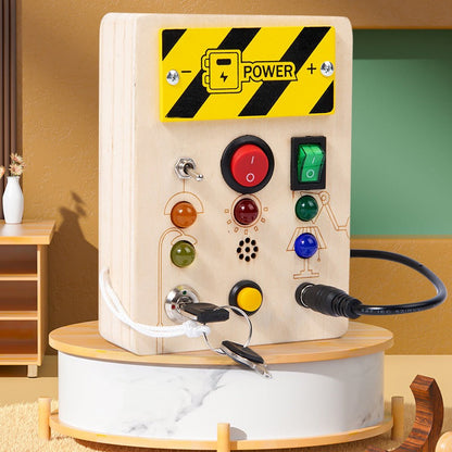 Montessori Busy Board for Toddlers – Wooden Sensory Toy with LED Light Switches for Ages 2–4