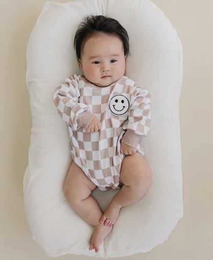 Baby Unisex Checkered Smiley Latte Long Sleeve Bubble Romper