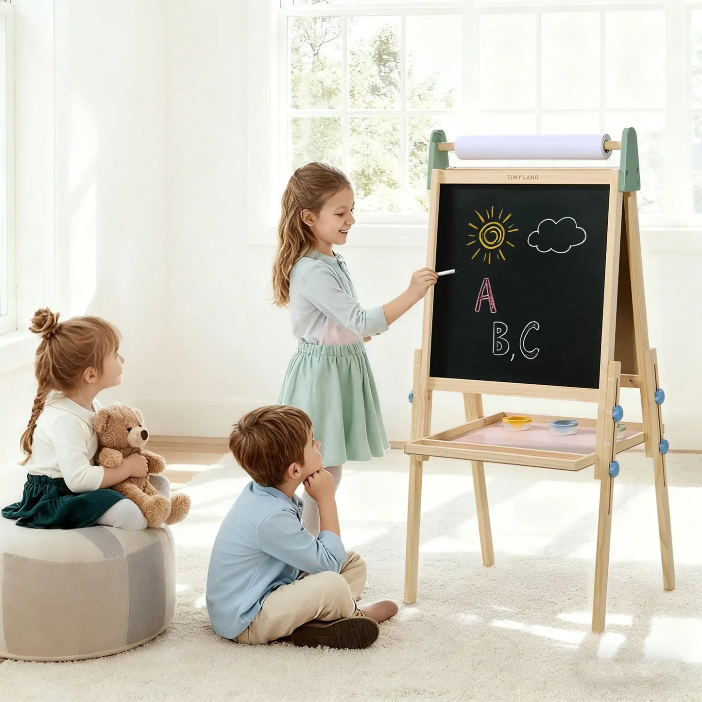 Tiny Land® 3-in-1 Kids Art Easel – Double-Sided Chalkboard & Magnetic Whiteboard with 2 Paper Rolls