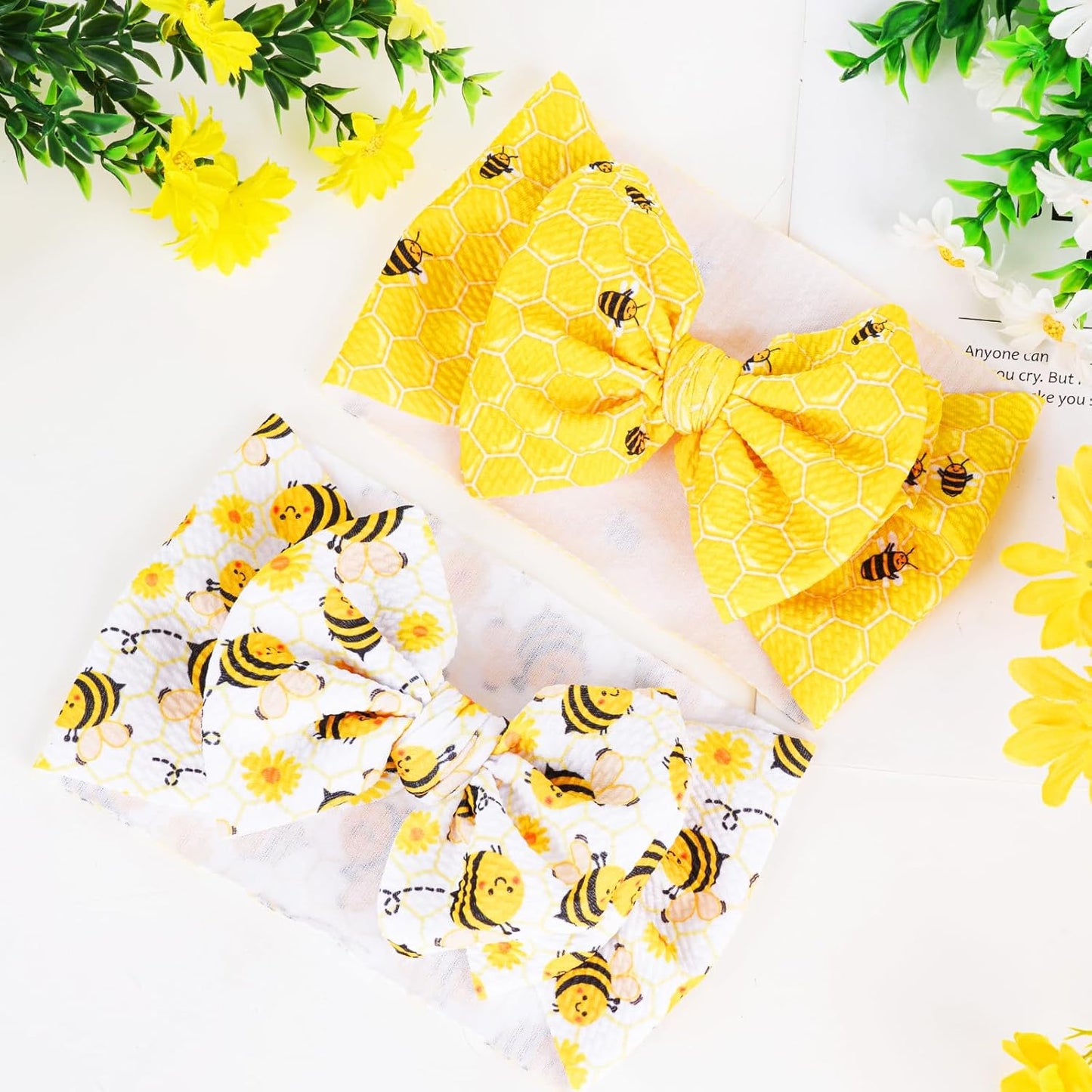 2Pcs Bee Baby Headband Yellow Hair Bows for Girls Large Spring Summer Flower Headband Toddler Girls Nylon Hair Accessories Big Bows Hairband