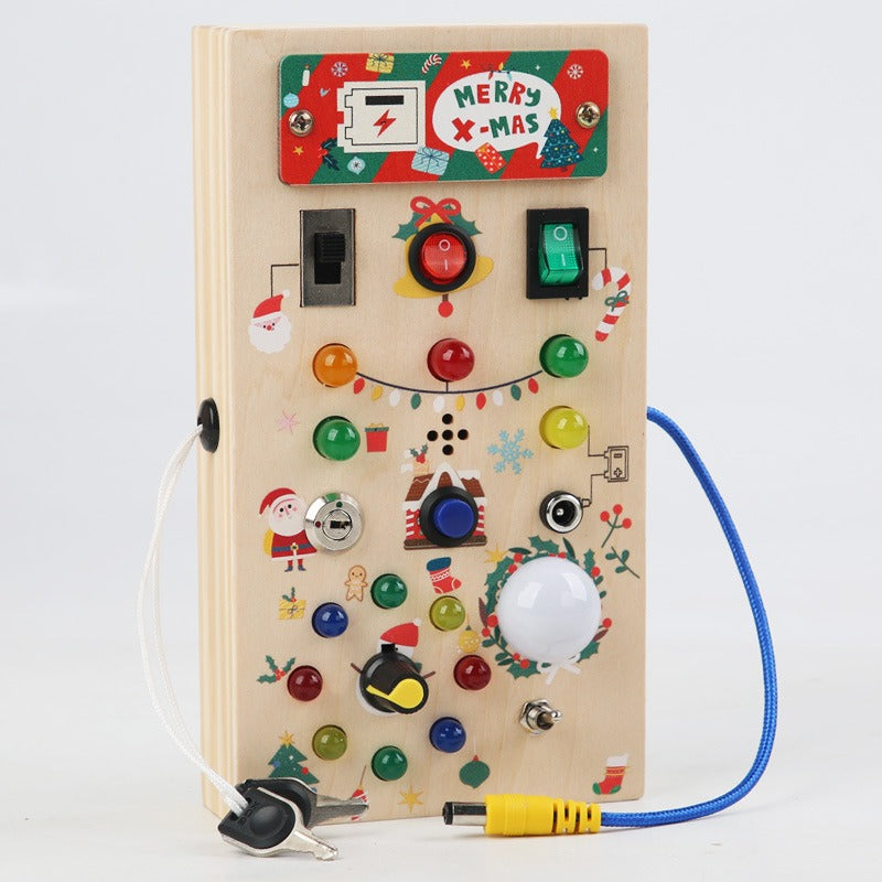 Montessori Busy Board for Toddlers – Wooden Sensory Toy with LED Light Switches for Ages 2–4