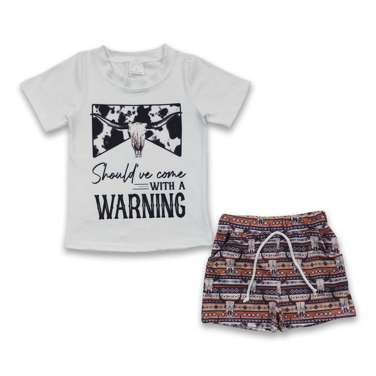 "Should've Come With a Warning" Bull Skull Tee & Aztec Shorts Set | Toddler Boy Western Outfit