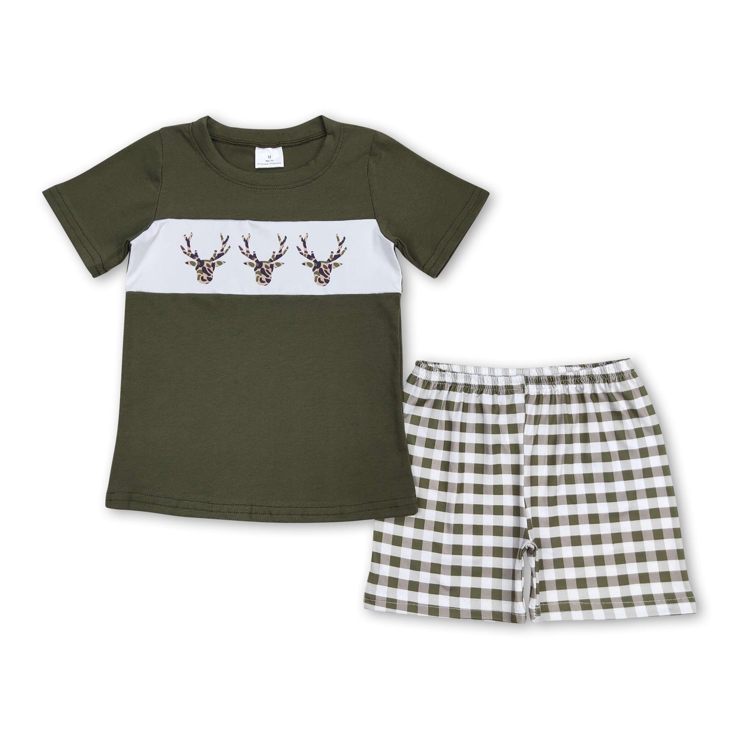 Boys' Deer Print Top & Plaid Shorts Set