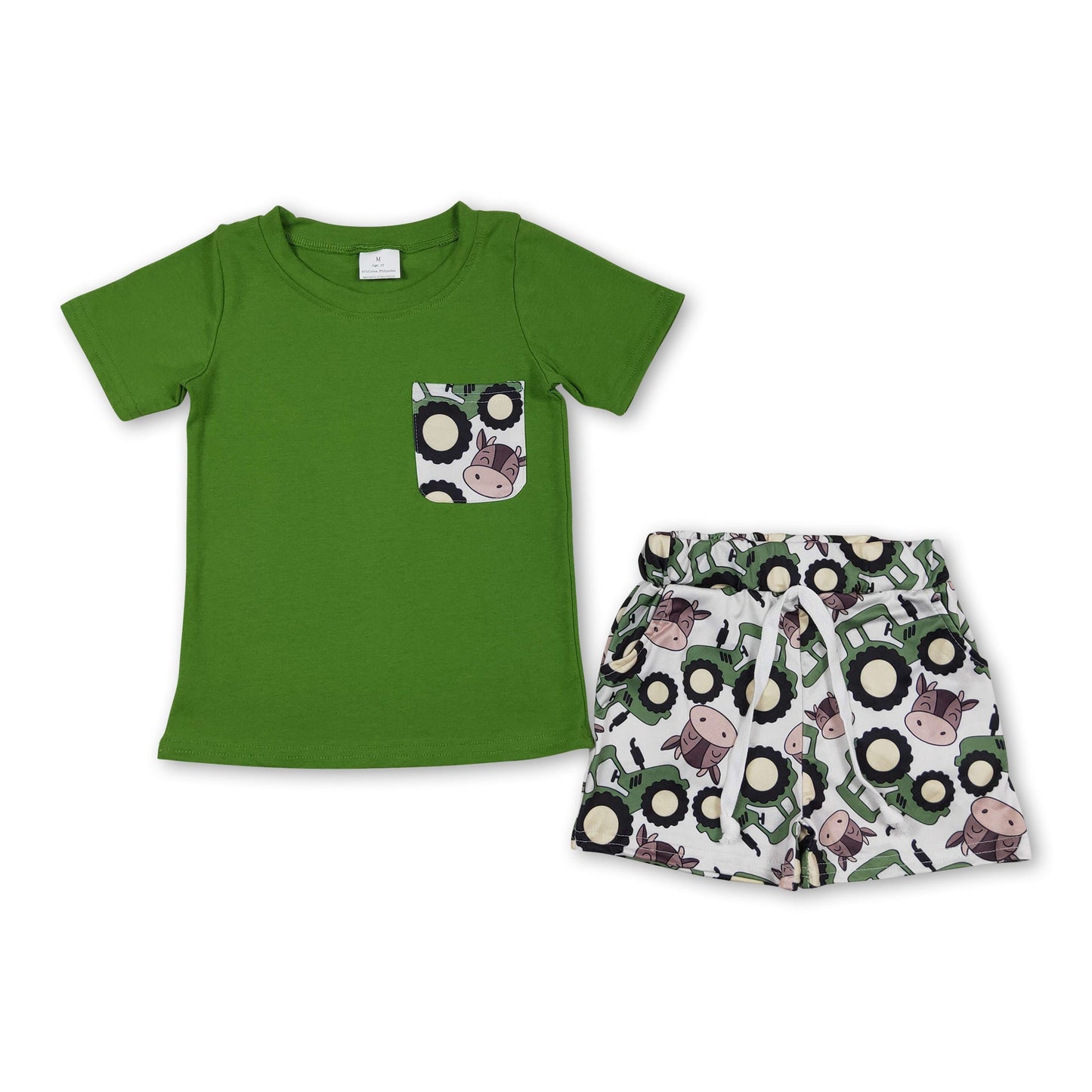 Boys Farm Tractor & Cow Print Outfit | Green Pocket Tee & Shorts Set