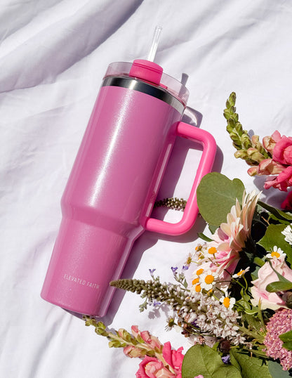 Pink 40 oz Tumbler with Handle & Straw – Insulated Stainless Steel Travel Cup