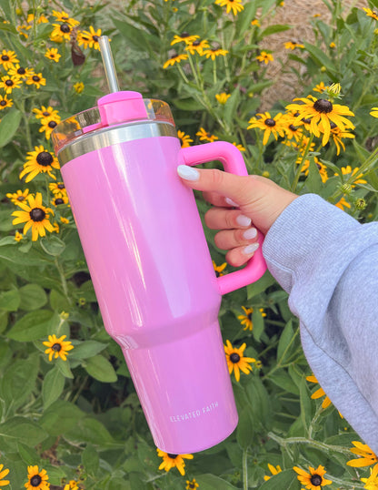 Pink 40 oz Tumbler with Handle & Straw – Insulated Stainless Steel Travel Cup