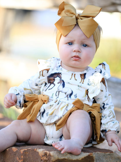 Baby Girls Western Horse Print Ruffle Bow Romper | Long Sleeve