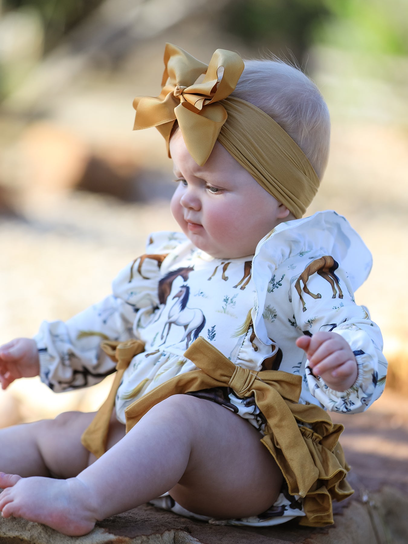 Baby Girls Western Horse Print Ruffle Bow Romper | Long Sleeve