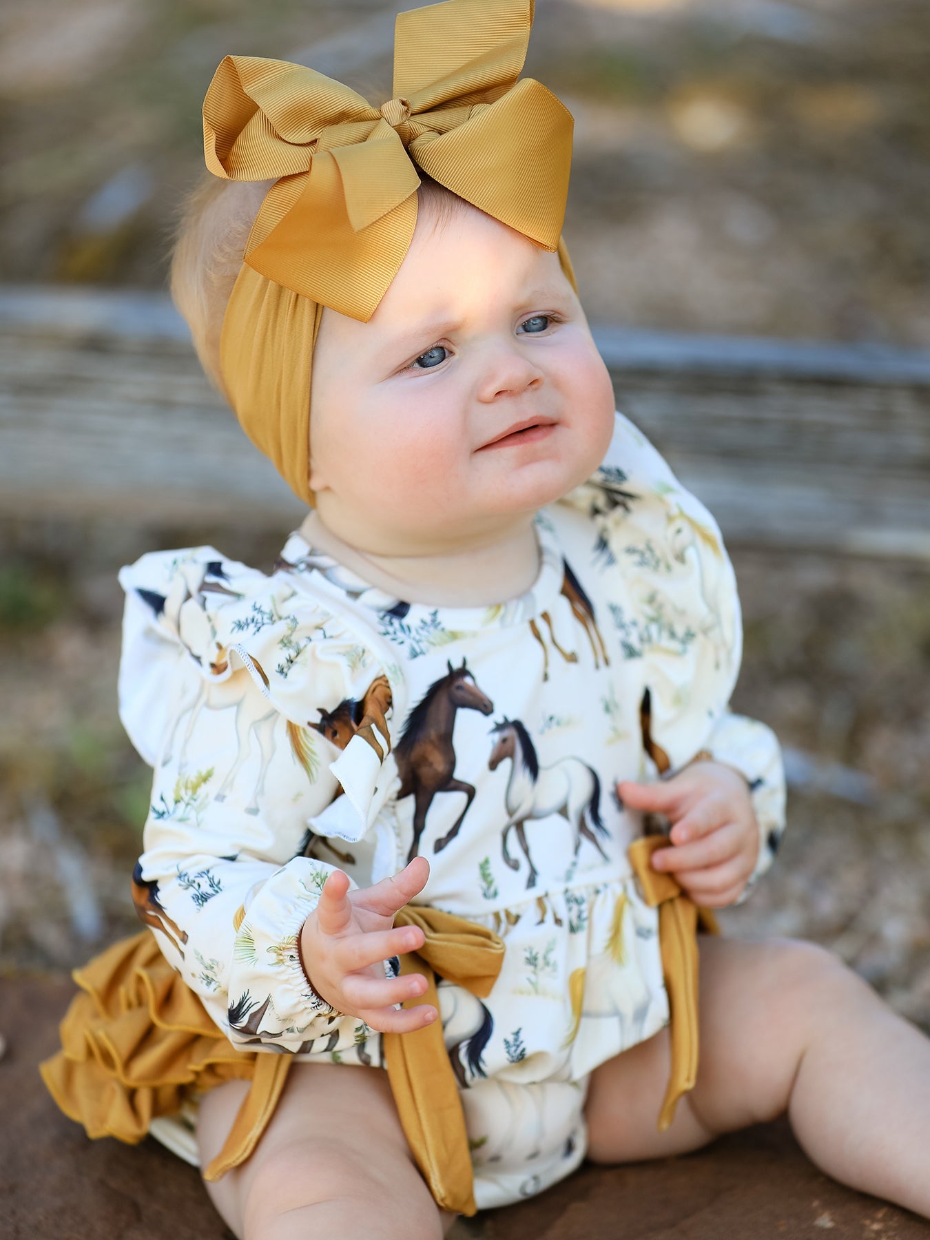 Baby Girls Western Horse Print Ruffle Bow Romper | Long Sleeve
