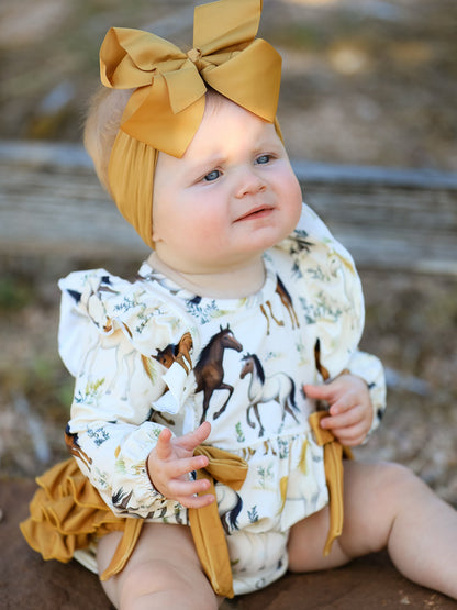 Baby Girls Western Horse Print Ruffle Bow Romper | Long Sleeve