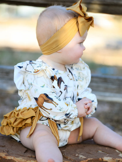 Baby Girls Western Horse Print Ruffle Bow Romper | Long Sleeve