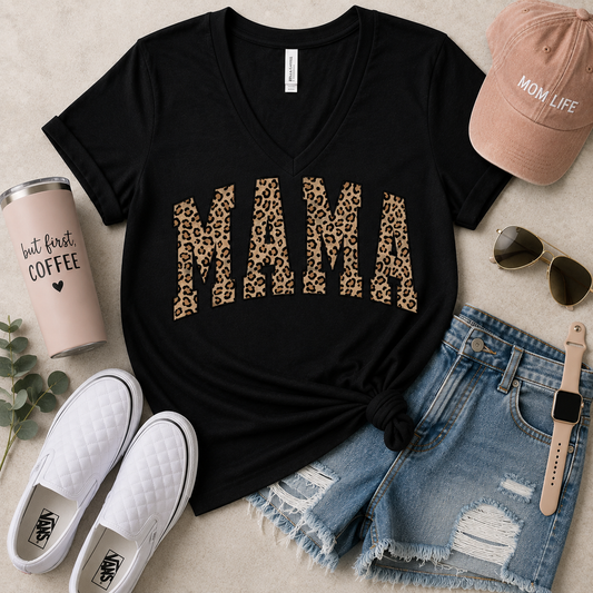 MAMA Leopard Print V-Neck Graphic Tee | Stylish Mom Gift