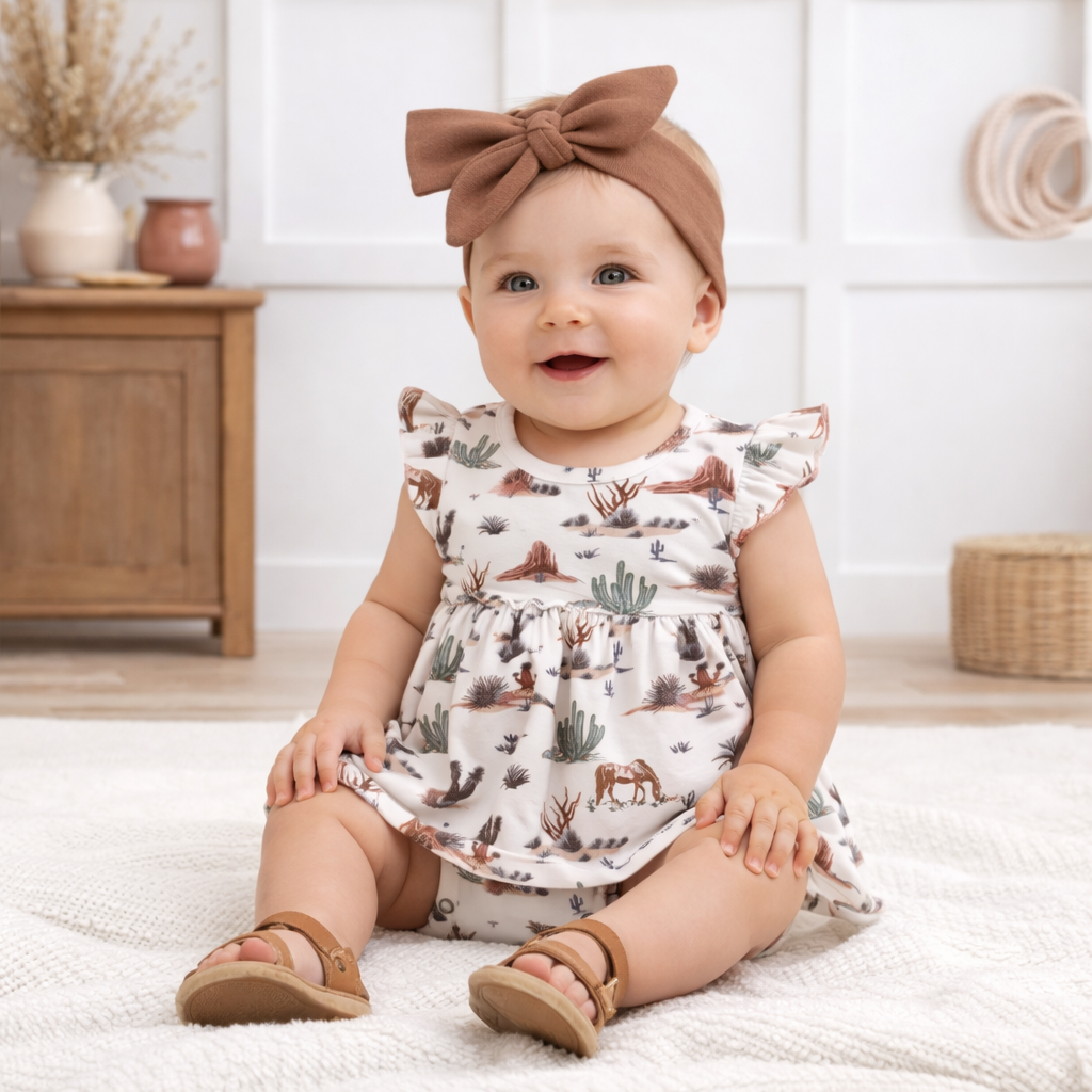 Baby Girl Skirted Bodysuit | Bamboo Flutter Sleeve Romper – Cactus Trails