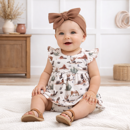 Baby Girl Skirted Bodysuit | Bamboo Flutter Sleeve Romper – Cactus Trails