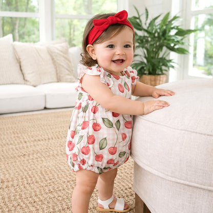 Baby Girls Cherry Picnic Gingham Bamboo Bubble Romper