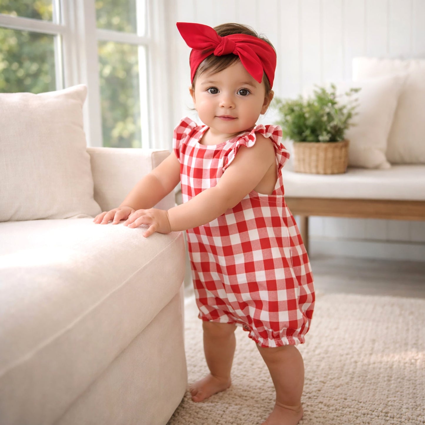 Baby Girls Picnic Plaid Bamboo Bubble Romper