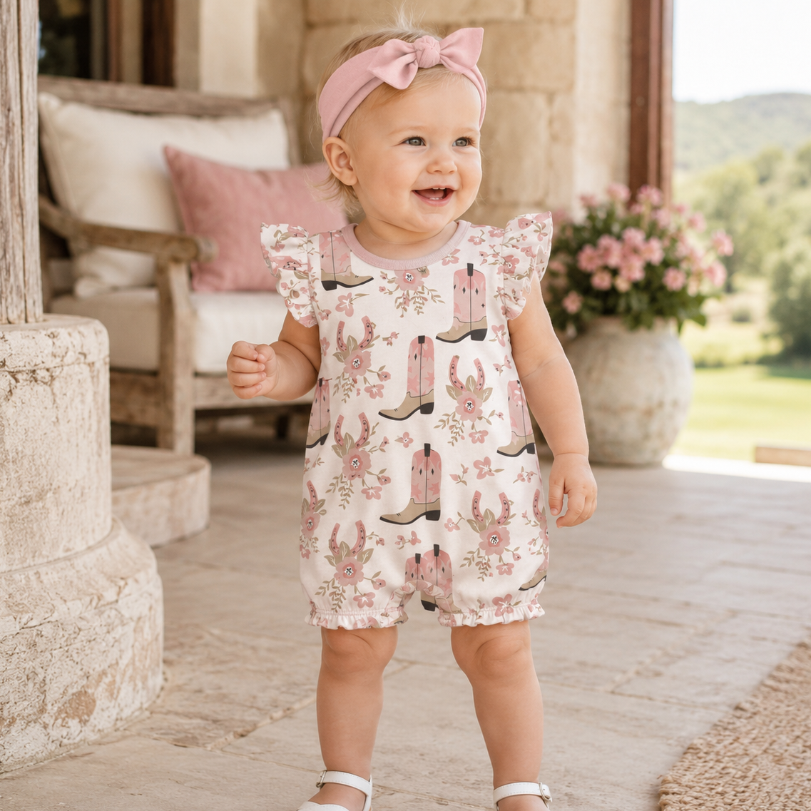 Pink Cowgirl Baby Bubble Romper | 100% Cotton Western Flutter Sleeve One-Piece