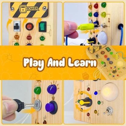 Montessori Busy Board for Toddlers – Wooden Sensory Toy with LED Light Switches for Ages 2–4
