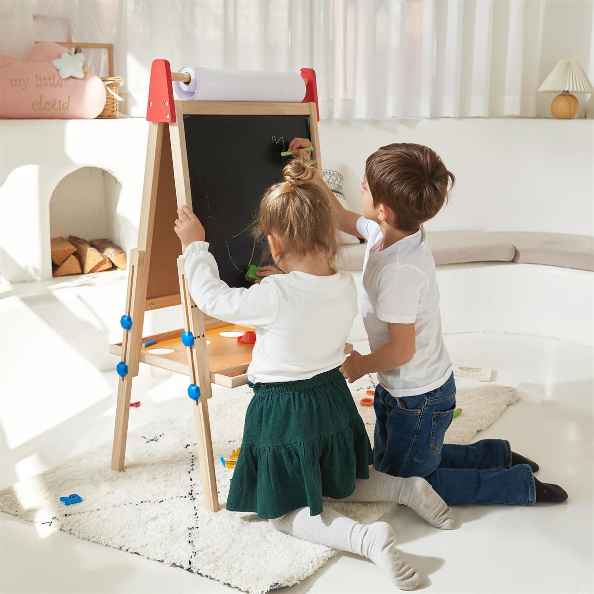 Tiny Land® 3-in-1 Kids Art Easel – Double-Sided Chalkboard & Magnetic Whiteboard with 2 Paper Rolls