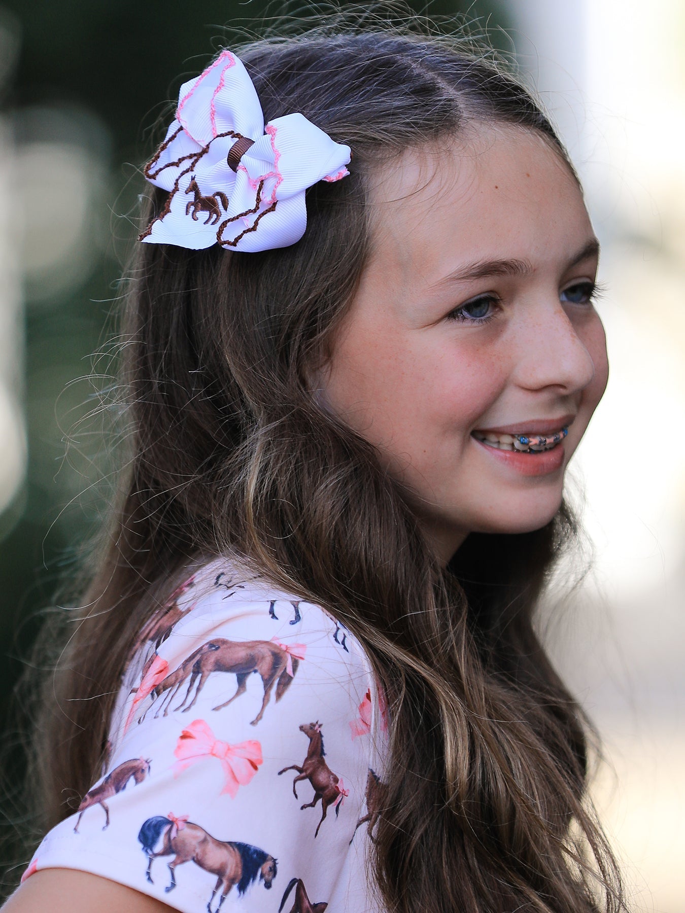 Girls Western Horse Embroidered Bow Hair Clip | 4-Inch Ruffle Edge