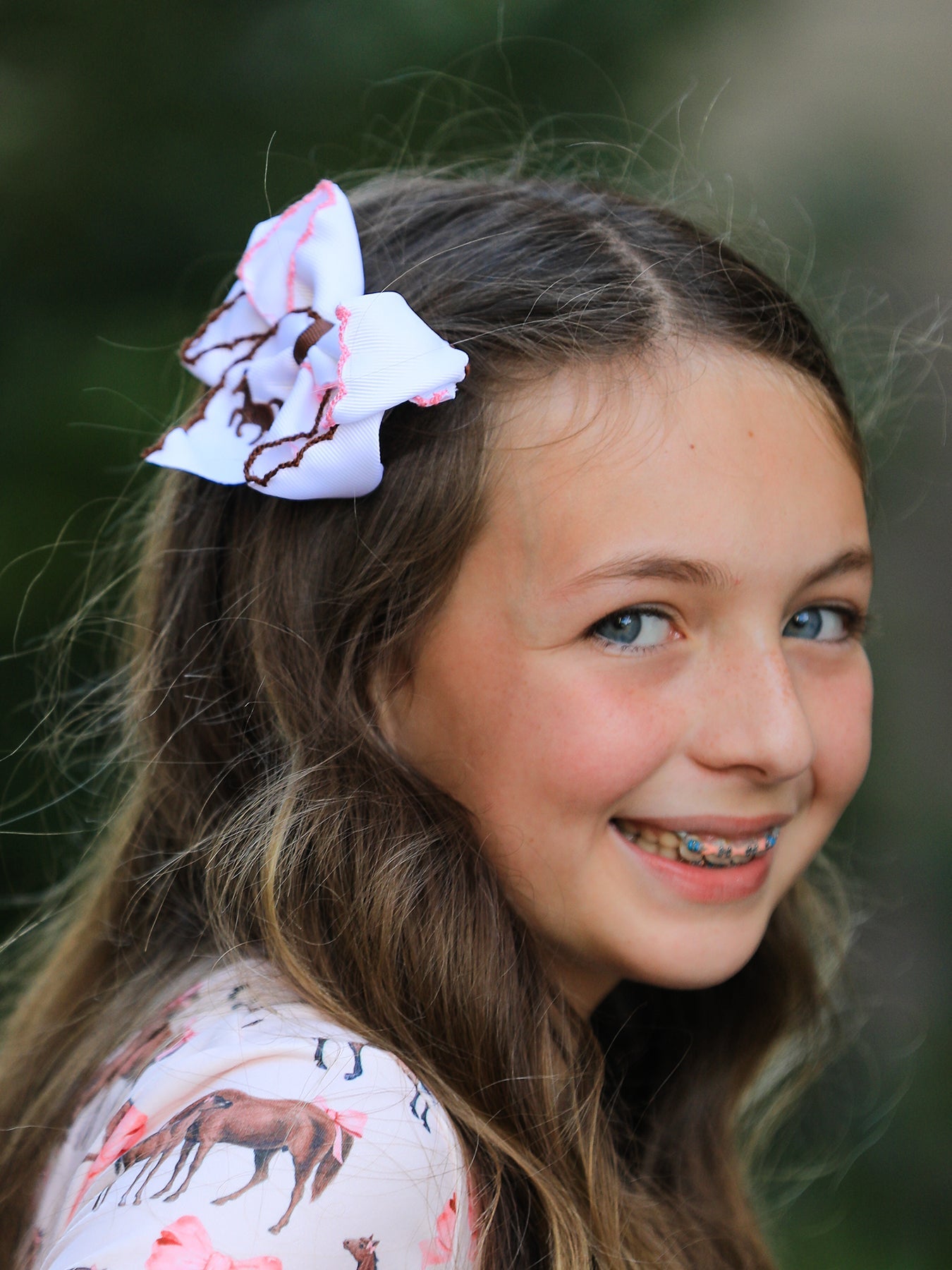 Girls Western Horse Embroidered Bow Hair Clip | 4-Inch Ruffle Edge