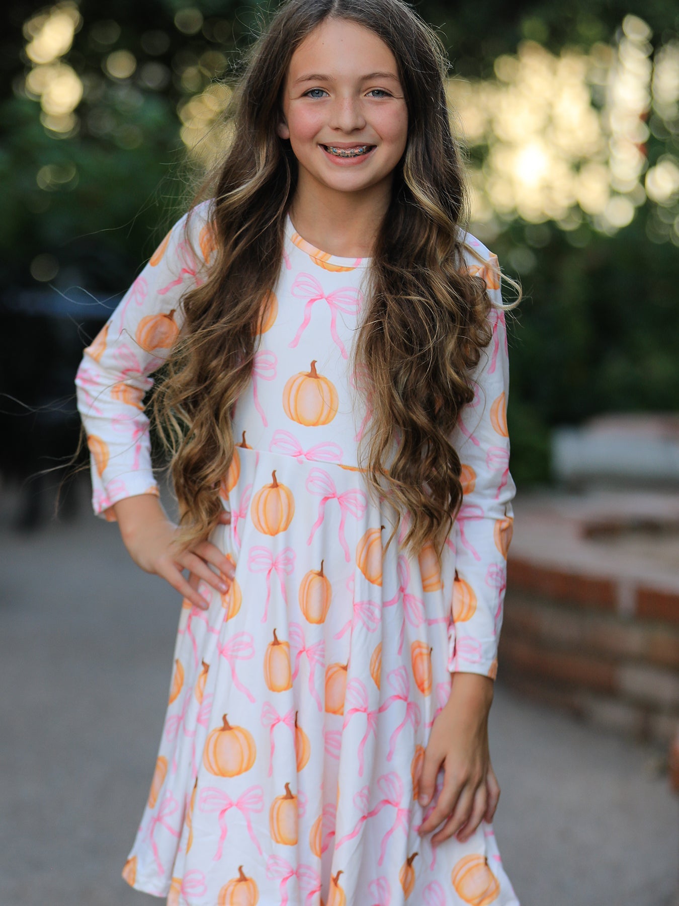 Girls Pumpkin & Bow Print Long Sleeve Twirl Dress | Fall & Halloween