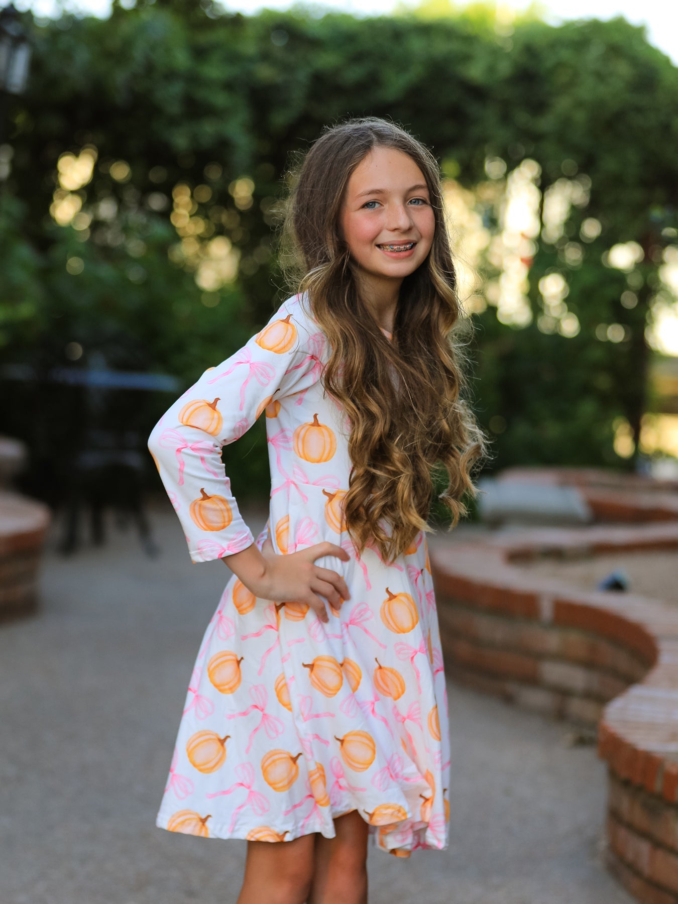 Girls Pumpkin & Bow Print Long Sleeve Twirl Dress | Fall & Halloween