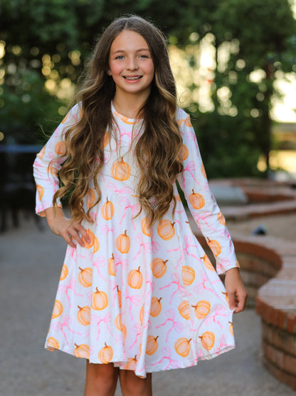Girls Pumpkin & Bow Print Long Sleeve Twirl Dress | Fall & Halloween