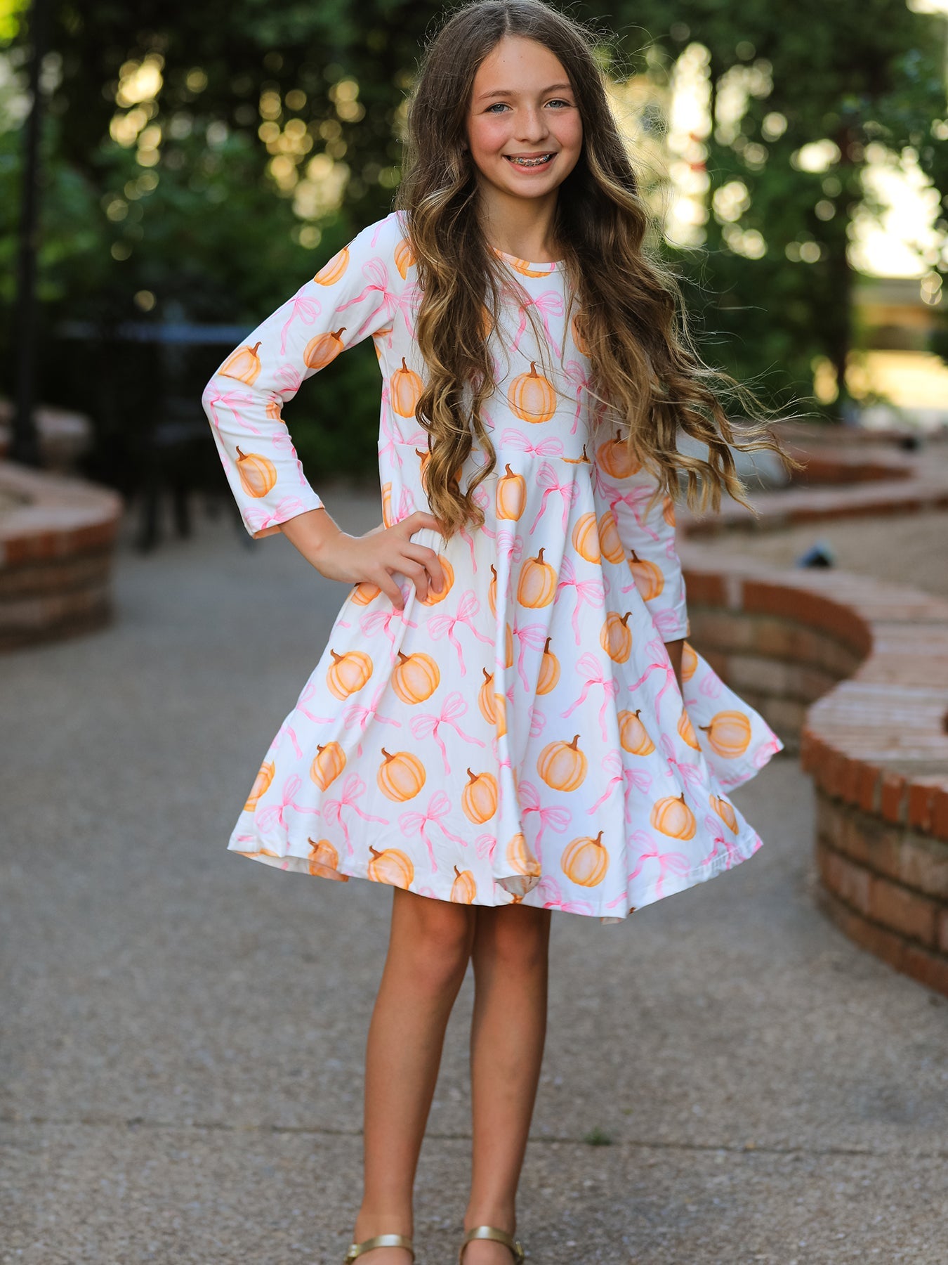Girls Pumpkin & Bow Print Long Sleeve Twirl Dress | Fall & Halloween