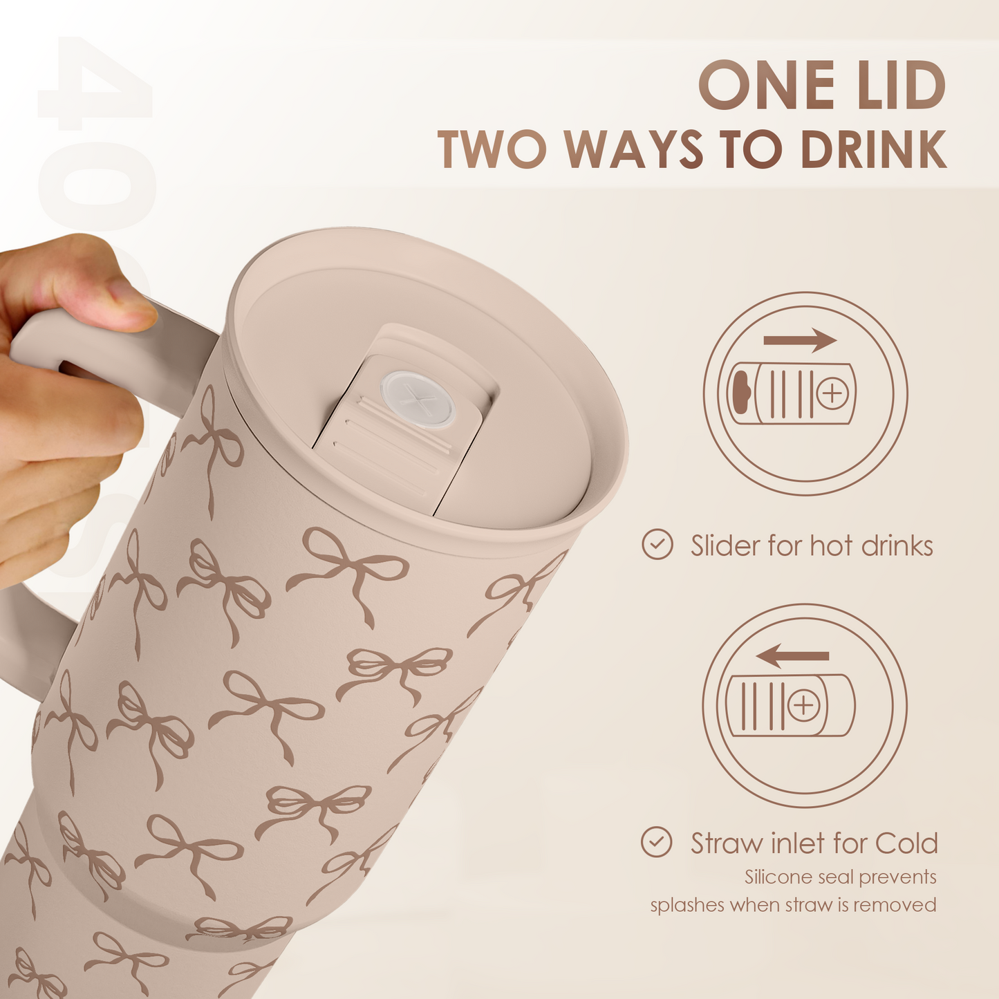 Brown Bow 40 oz Tumbler with Handle & Straw – Insulated Slider Lid Travel Cup