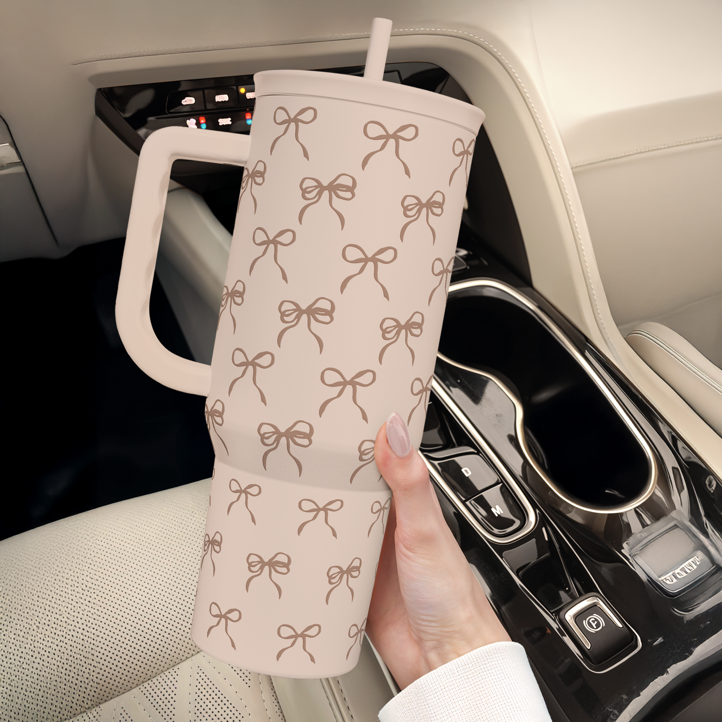 Brown Bow 40 oz Tumbler with Handle & Straw – Insulated Slider Lid Travel Cup