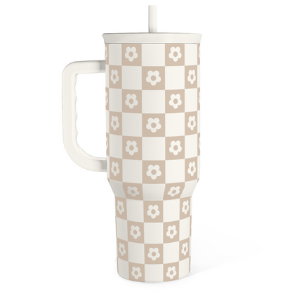 Brown Checker Daisy 40 oz Tumbler with Handle & Straw Lid – Insulated Travel Cup