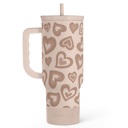 Brown Heart 40 oz Tumbler with Handle & Straw – Insulated Slider Lid Travel Cup