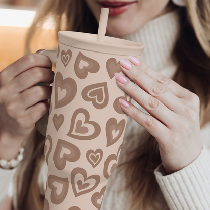 Brown Heart 40 oz Tumbler with Handle & Straw – Insulated Slider Lid Travel Cup