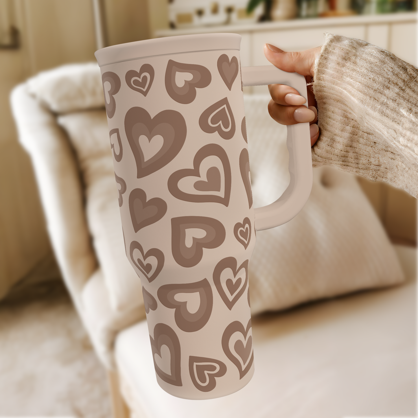 Brown Heart 40 oz Tumbler with Handle & Straw – Insulated Slider Lid Travel Cup