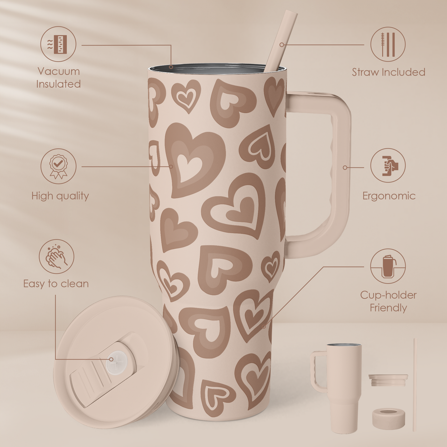 Brown Heart 40 oz Tumbler with Handle & Straw – Insulated Slider Lid Travel Cup