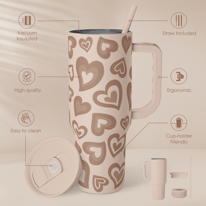 Brown Heart 40 oz Tumbler with Handle & Straw – Insulated Slider Lid Travel Cup