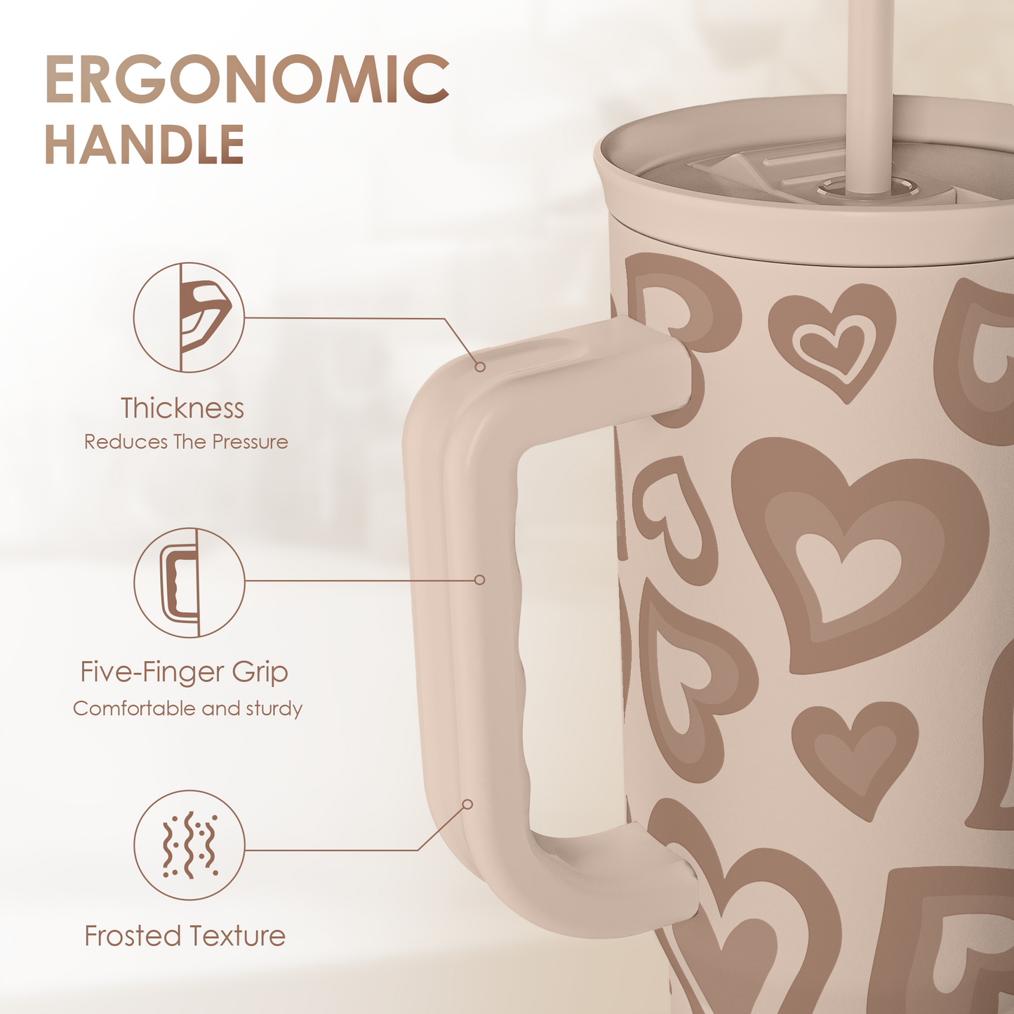 Brown Heart 40 oz Tumbler with Handle & Straw – Insulated Slider Lid Travel Cup