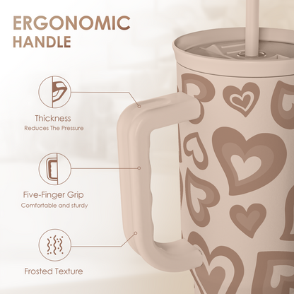 Brown Heart 40 oz Tumbler with Handle & Straw – Insulated Slider Lid Travel Cup