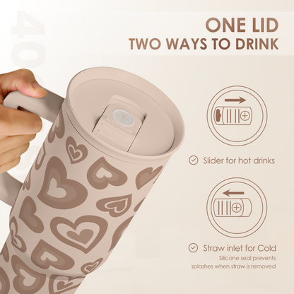 Brown Heart 40 oz Tumbler with Handle & Straw – Insulated Slider Lid Travel Cup