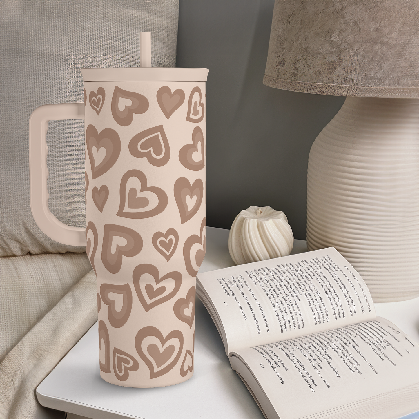 Brown Heart 40 oz Tumbler with Handle & Straw – Insulated Slider Lid Travel Cup