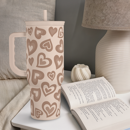 Brown Heart 40 oz Tumbler with Handle & Straw – Insulated Slider Lid Travel Cup