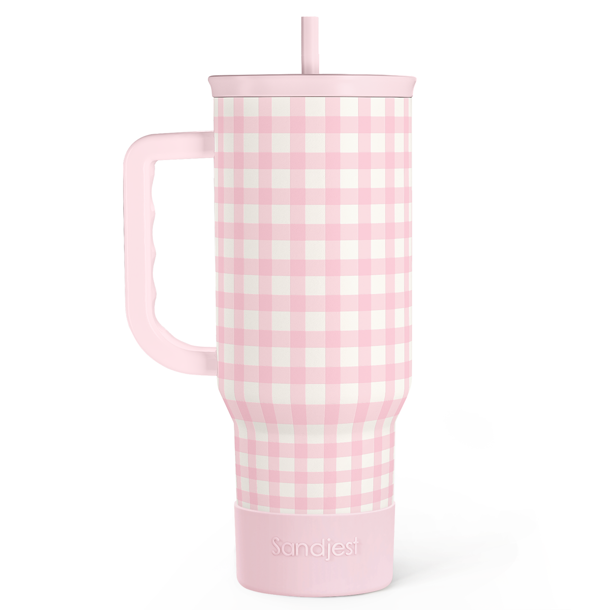 Pink Gingham 40 oz Tumbler with Handle & Straw – Insulated Slider Lid Travel Cup