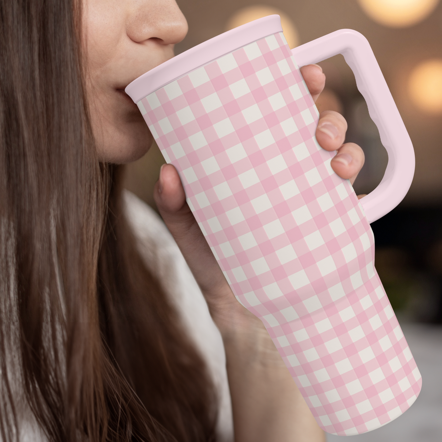 Pink Gingham 40 oz Tumbler with Handle & Straw – Insulated Slider Lid Travel Cup