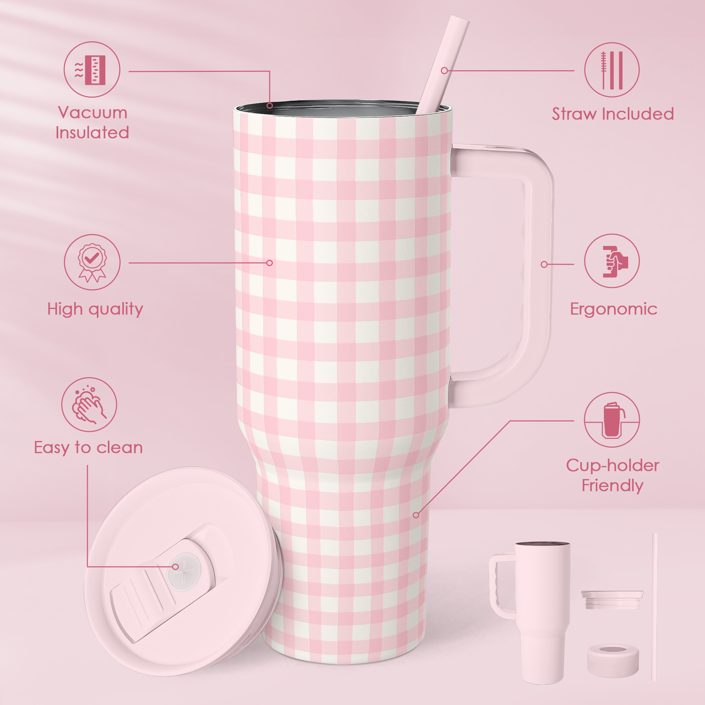Pink Gingham 40 oz Tumbler with Handle & Straw – Insulated Slider Lid Travel Cup