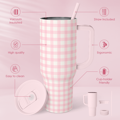 Pink Gingham 40 oz Tumbler with Handle & Straw – Insulated Slider Lid Travel Cup